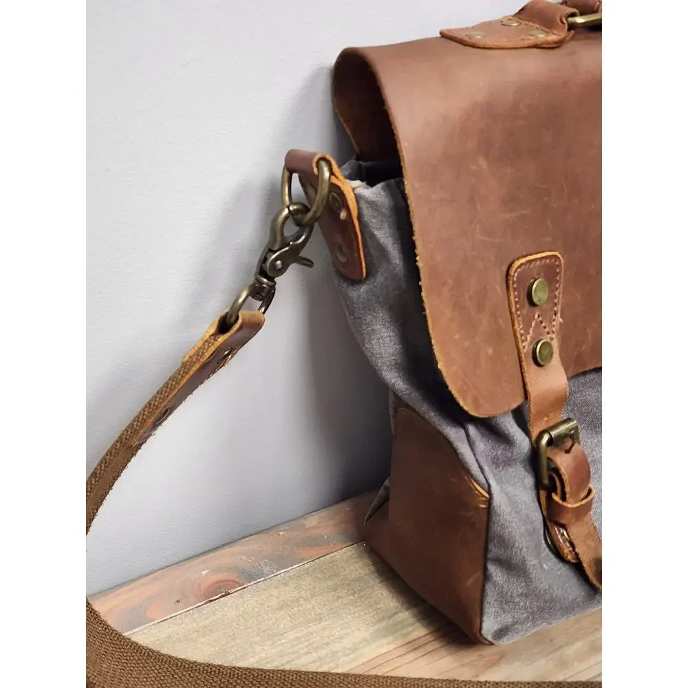 Wowbox Brown Gray Leather Detachable Strap Buckle Messenger Bag